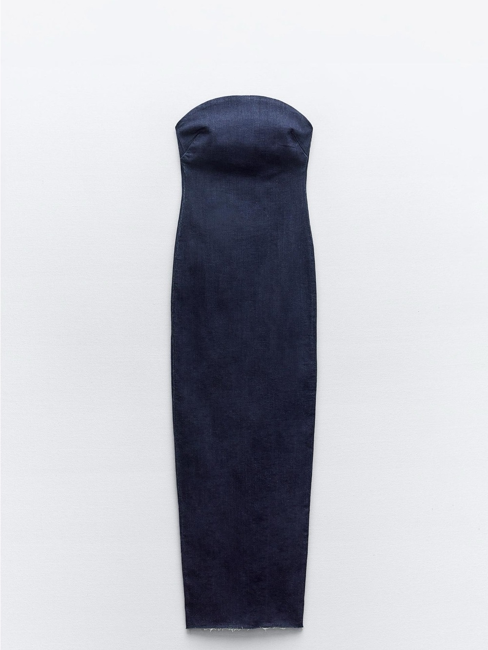 ZARA ZW denim strapless midi dress with slit in back and distressed bottom